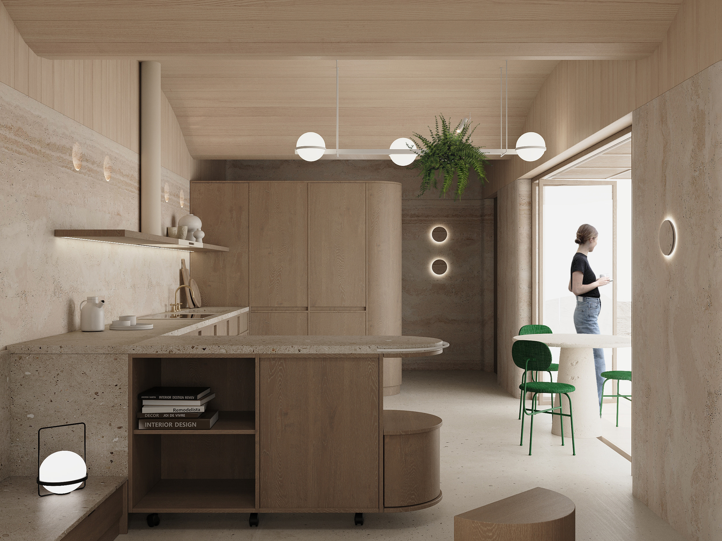 A kitchen view of the modular hempcrete house